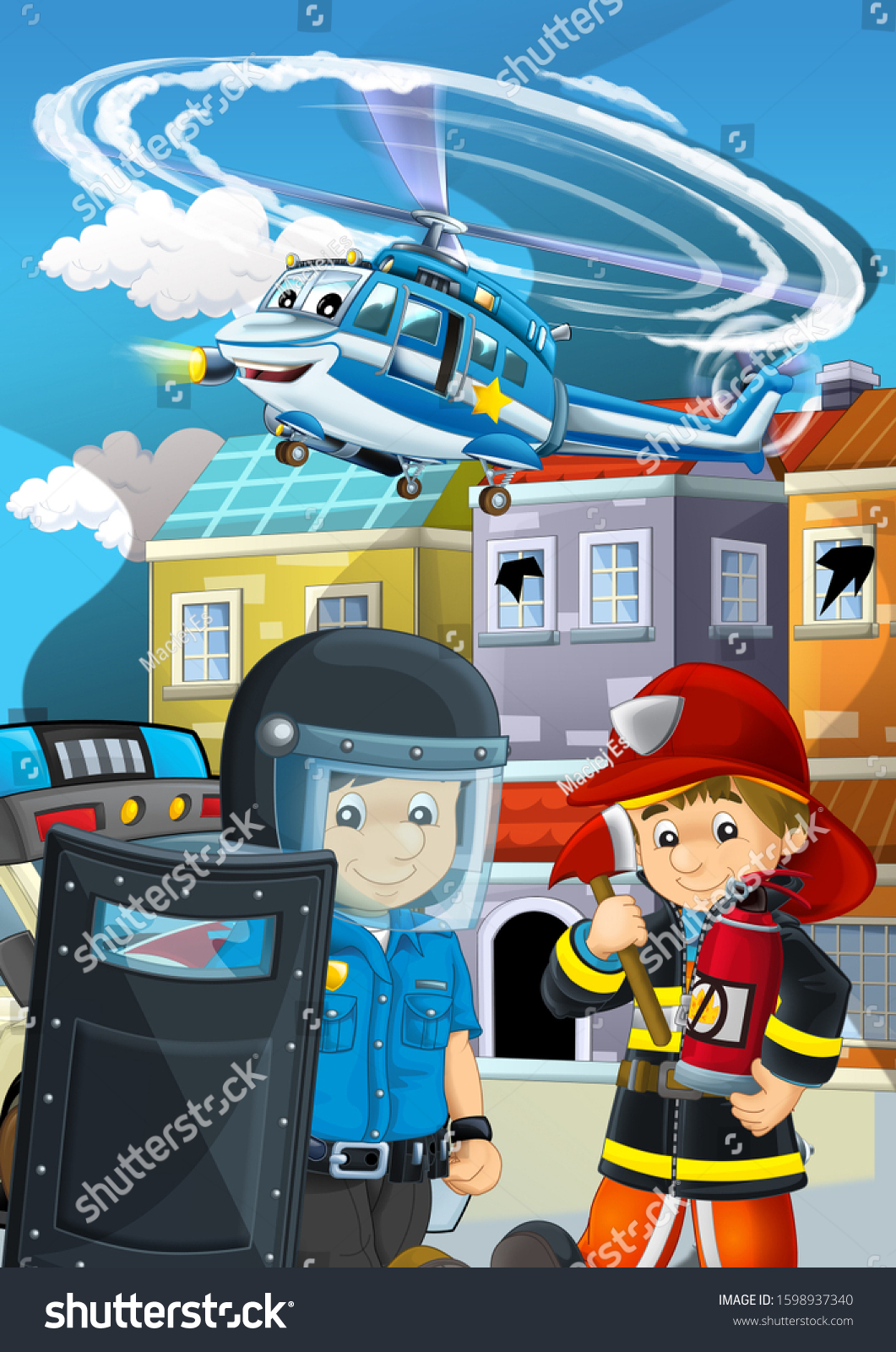 Cartoon Stage Fireman Fire Fighting Near Stock Illustration 1598937340