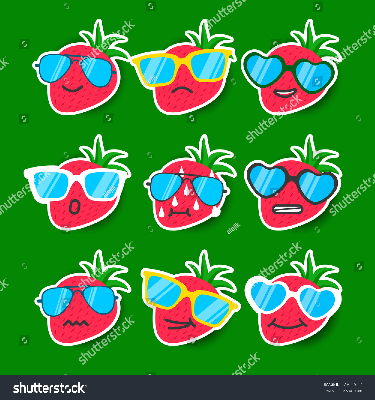 Cartoon Strawberry Emojis Sunglasses Summer Stickers Stock Illustration ...