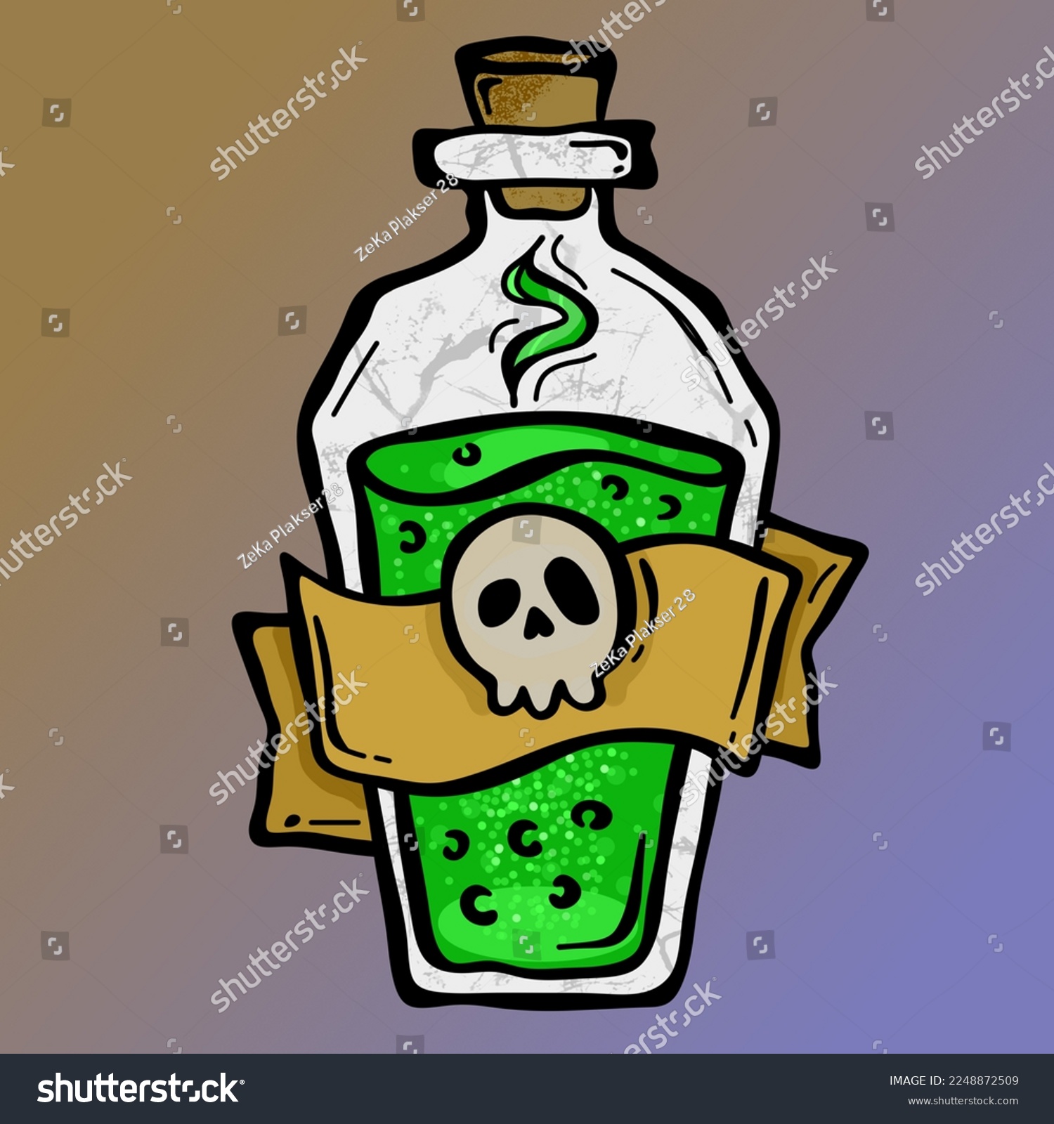 recommend clip art: Cartoon-style illustration of a glass flask of poison closed with a cork, a skull hanging from the jar. Flask with a witch's potion, sorceress 