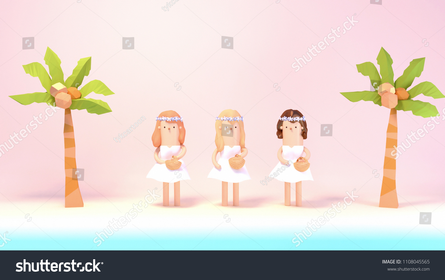 Cartoon Summer Beach Wedding Bridesmaids 3 D Stock Illustration