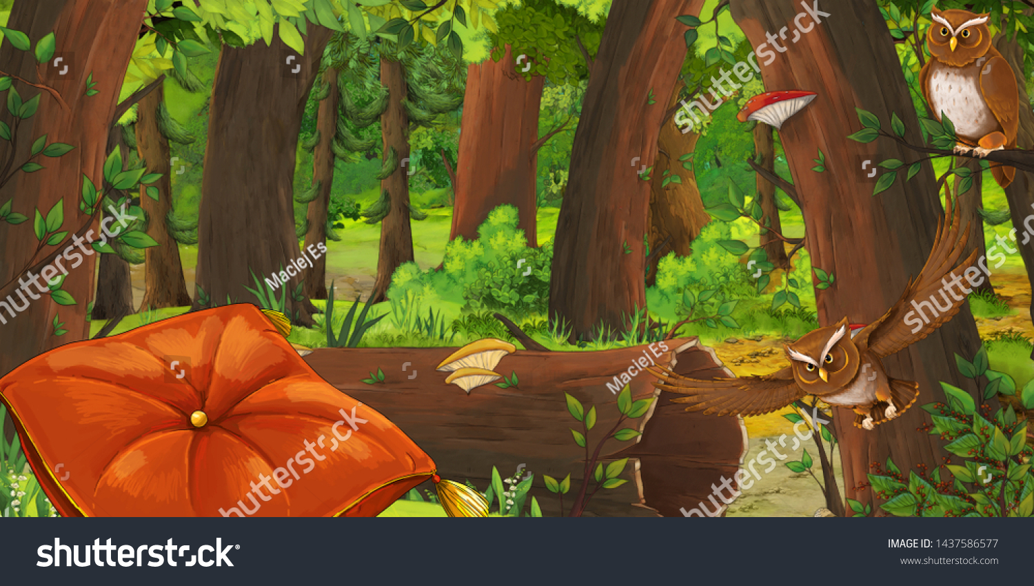 深い森と鳥のフクロウと枕を含むアニメの夏のシーン 誰もシーンにない 子ども向けのイラトス のイラスト素材