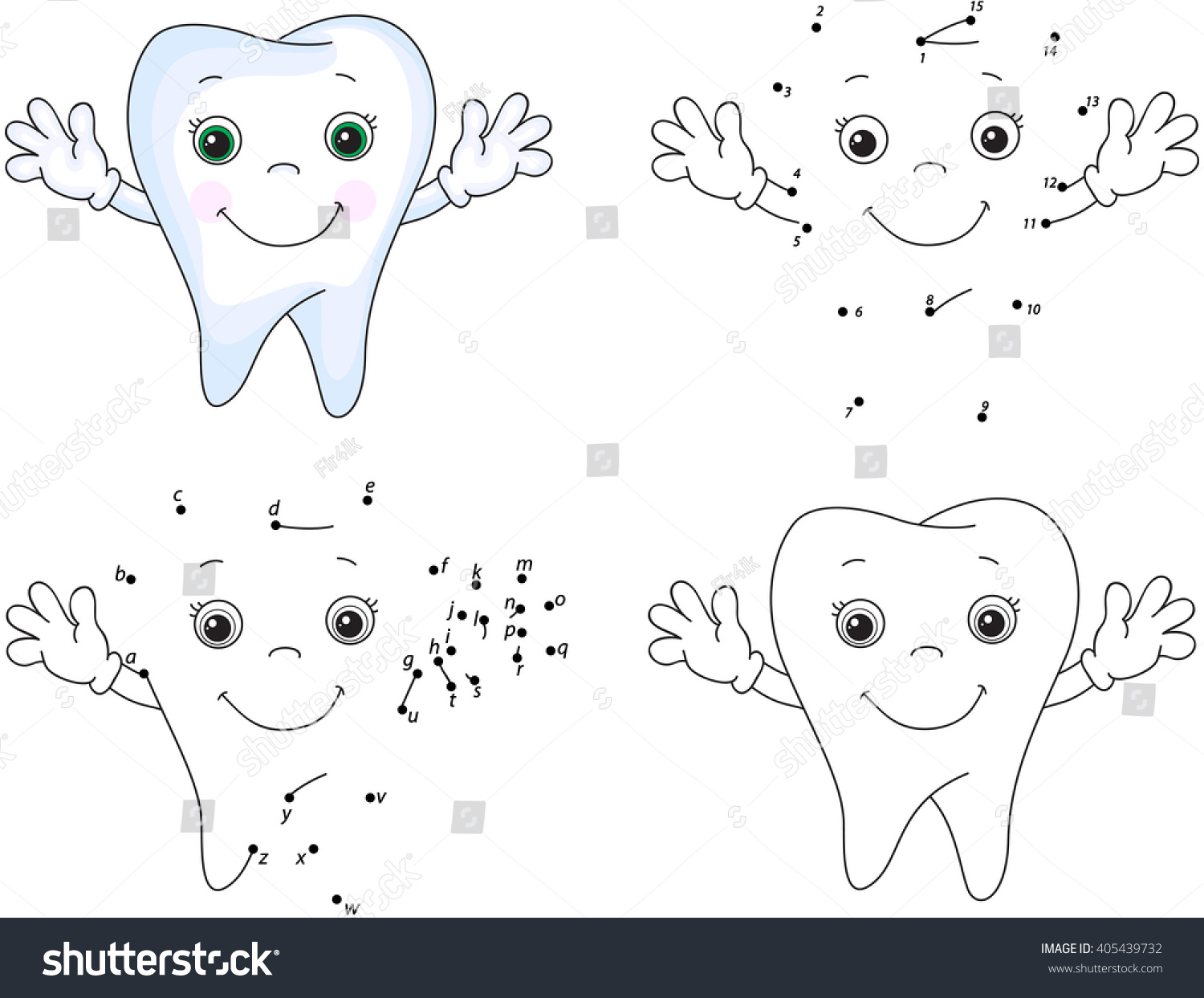 Cartoon Tooth Smiles Coloring Book Dot Stock Illustration 405439732 ...