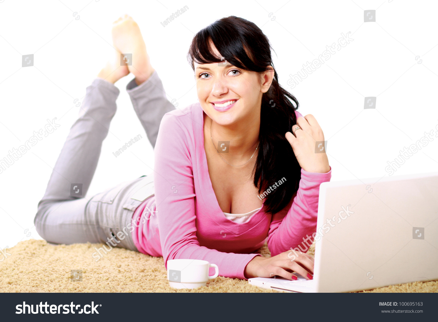 Casual Barefoot Girl Using Laptop At Home , Isolated On White ...