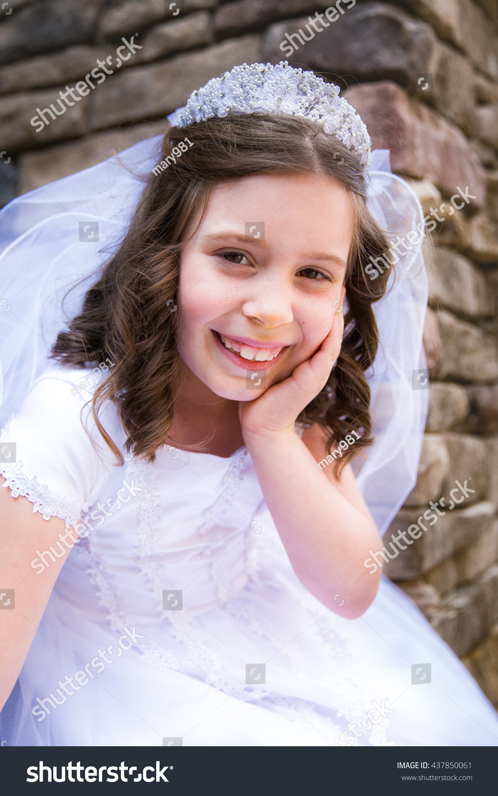 Caucasian Girl Wearing First Holy Communion Stock Photo 437850061