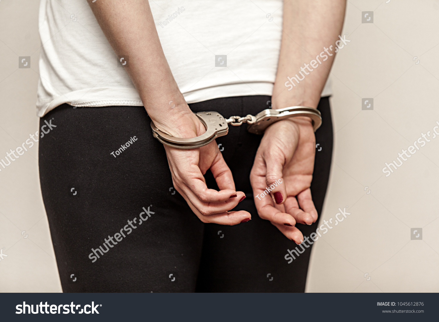 Caucasian Woman Handcuffs Hands Tied On Stock Photo 1045612876 