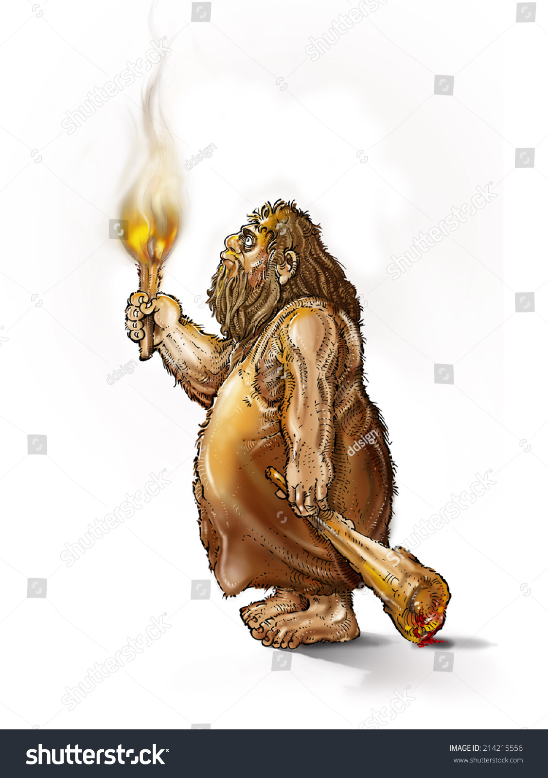 Caveman With A Torch And A Club On A White Background Stock Photo ...