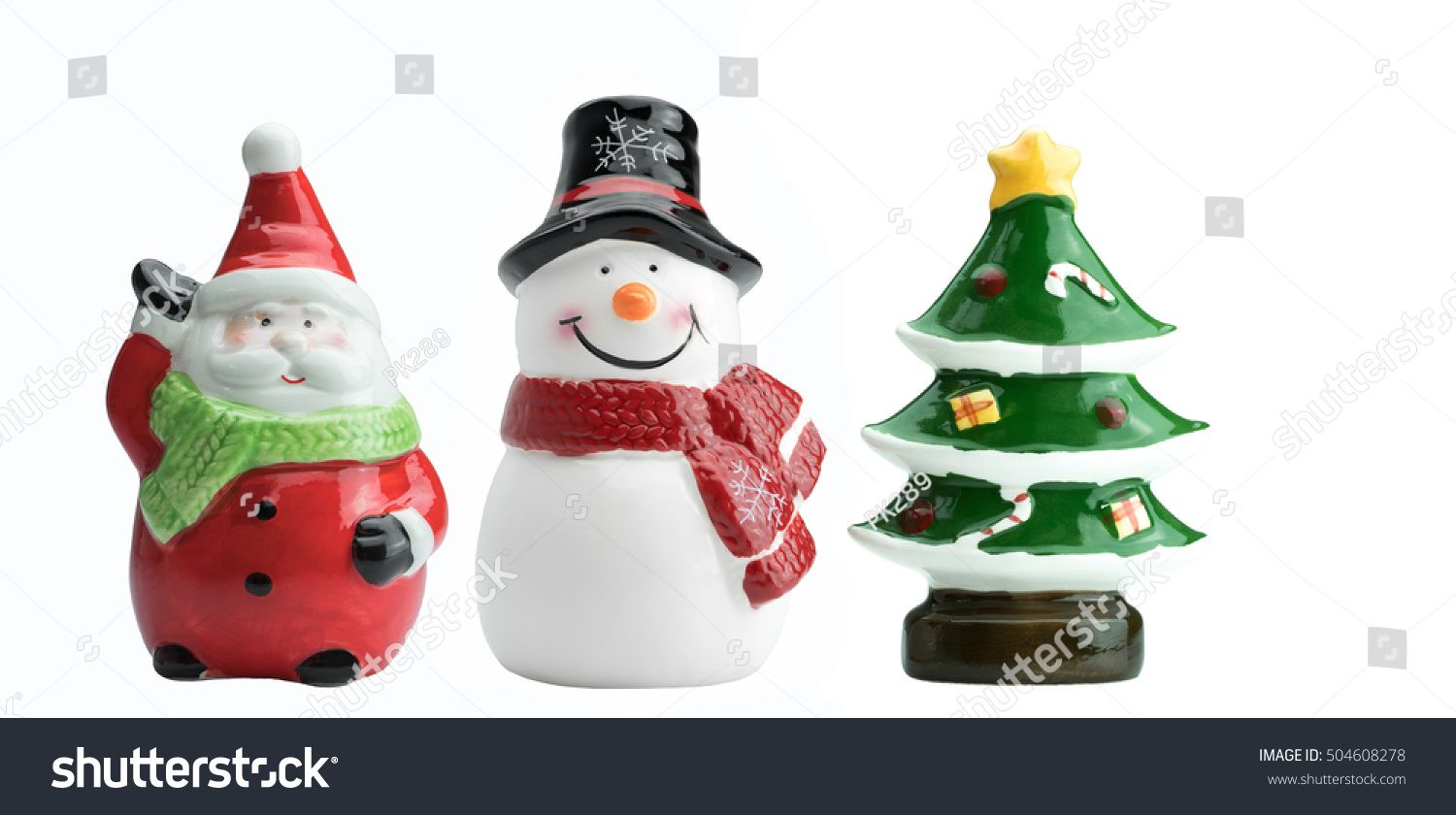 2 024 Ceramic Snowman Images Stock Photos Vectors Shutterstock   Stock Photo Ceramic Santa Claus Snowman And Christmas Tree Models Isolated On White Background 504608278 