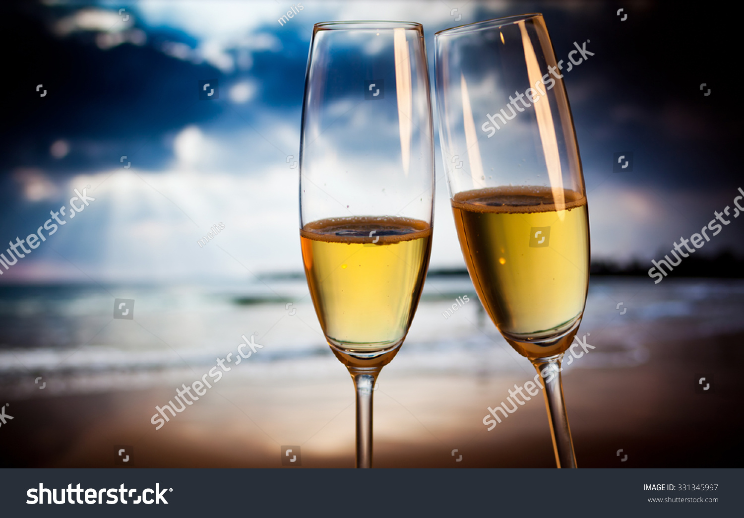 Champagne Glasses On Tropical Beach At Sunset - Exotic New Year Stock ...