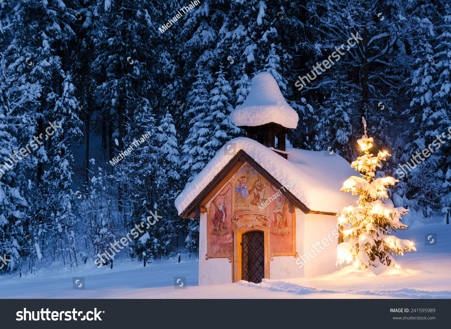 Chapel Christmas Christmas Tree Snowcovered Trees Stock Photo (Edit Now ...