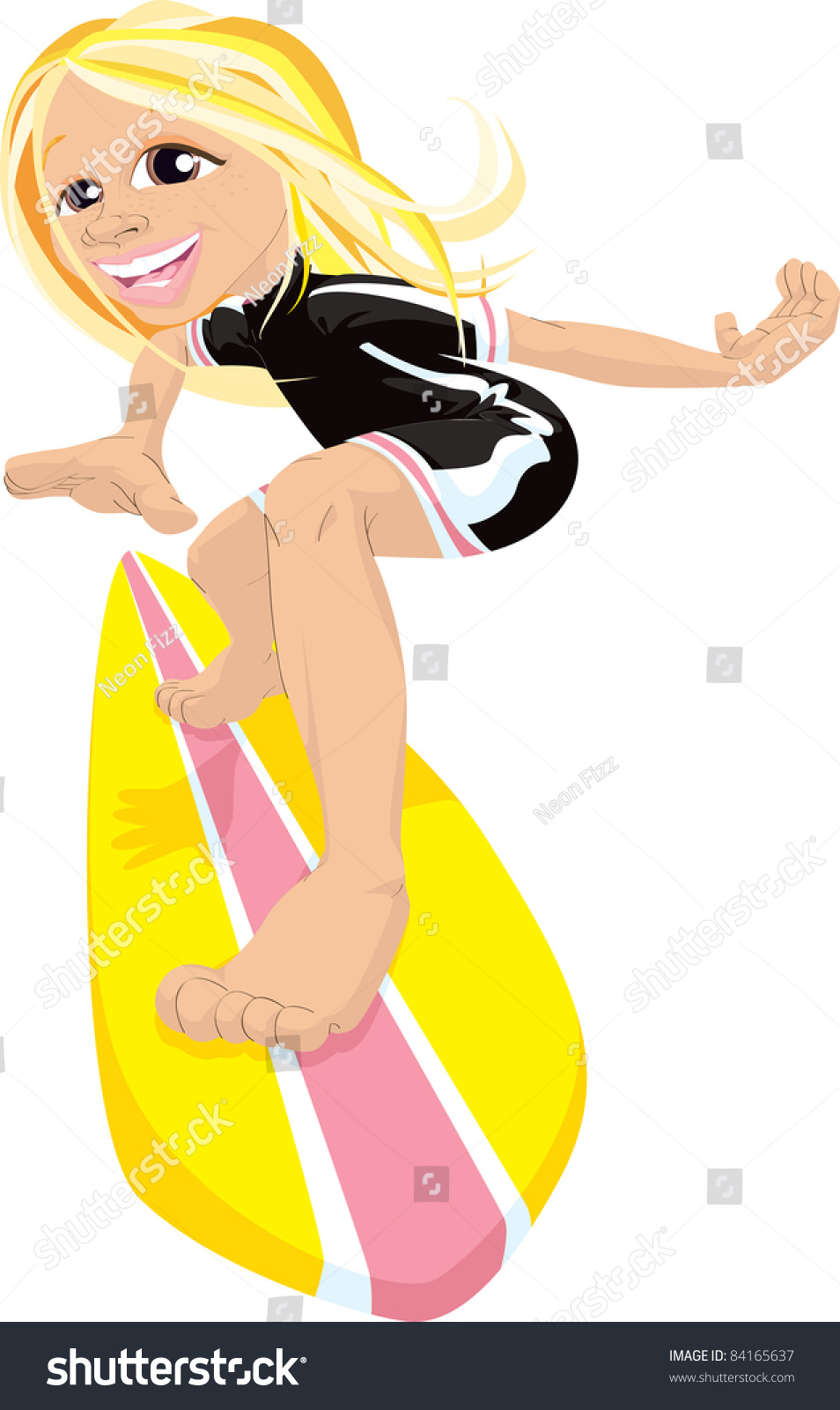 Character Illustration Of A Happy, Blond Female In An Active Surfing ...