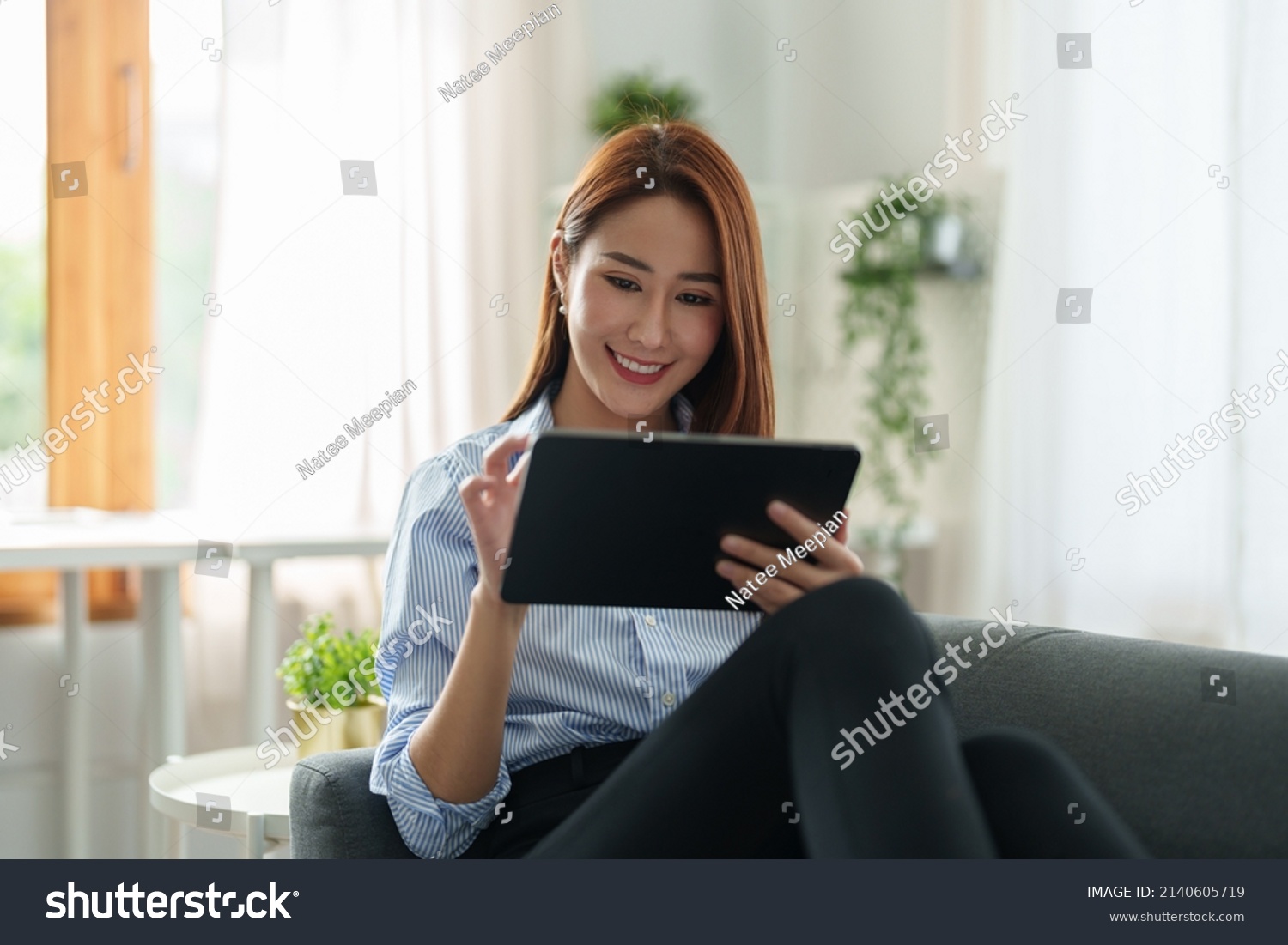 24 226 Asian Lady Online Shopping Images Stock Photos Vectors   Stock Photo Charming Asian Woman Using Digital Tablet For Online Shopping Chatting On Sofa At Living Room 2140605719 