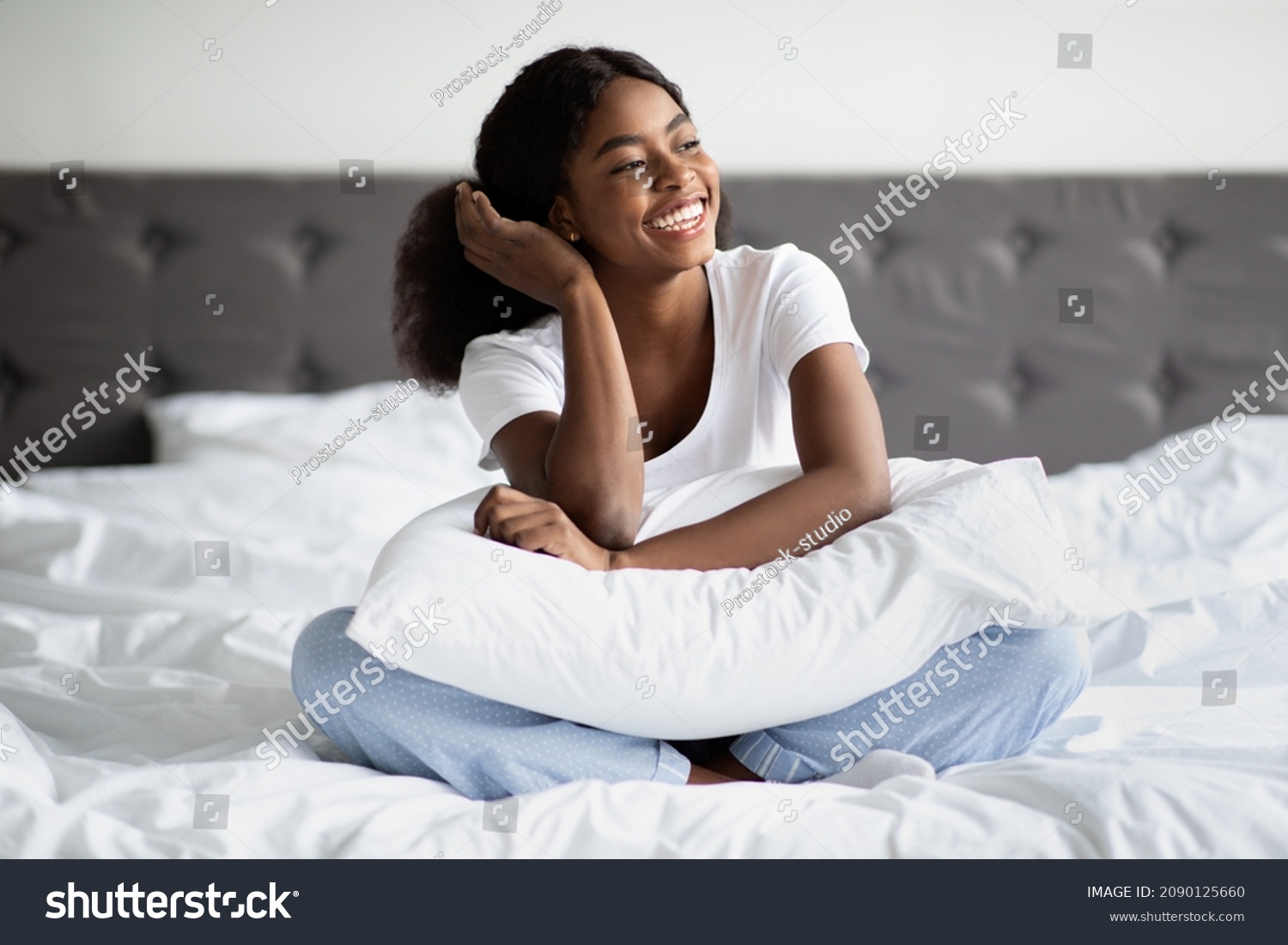 Cheerful African American Young Lady Pajamas Stock Photo (Edit Now