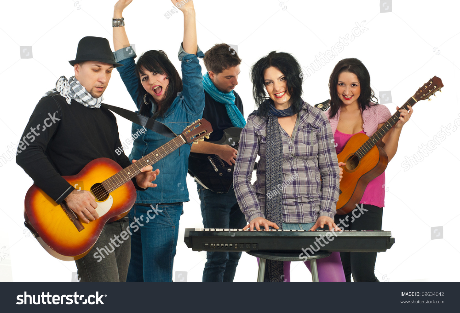 Cheerful Band Of Five People Playing Musical Instruments And Singing ...