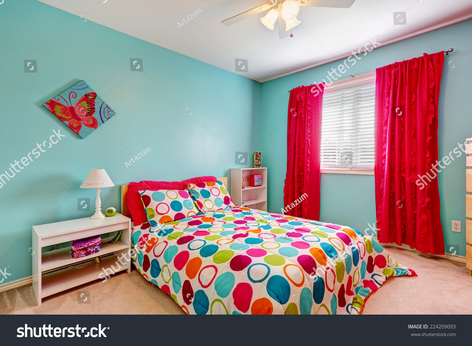 Cheerful Bedroom Interior Turquoise Color Bright Stock Photo