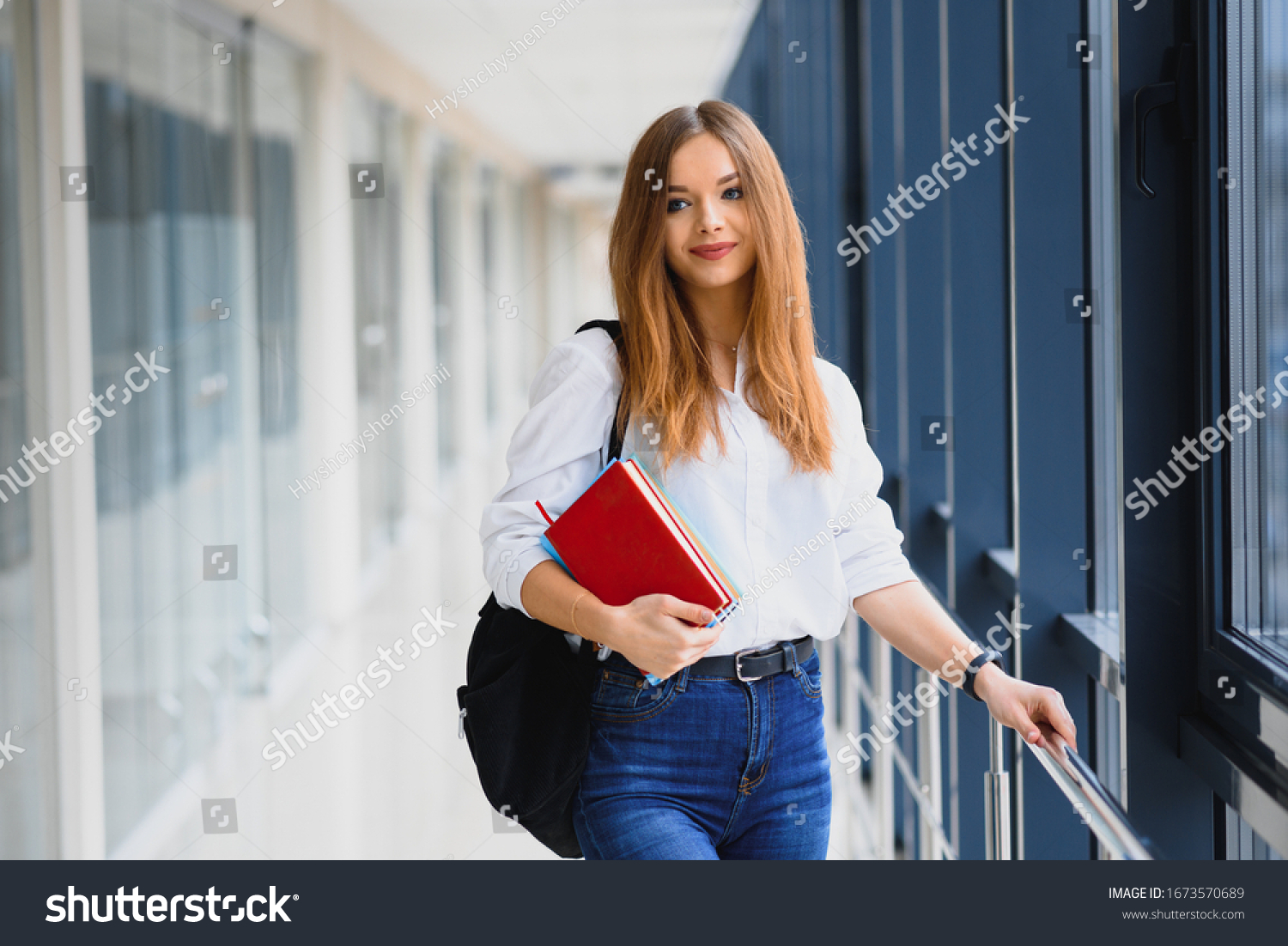 Cheerful Brunette Student Girl Black Backpack Stock Photo (Edit Now ...