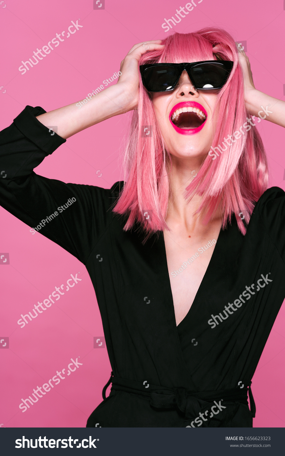 Cheerful Glamorous Woman Pink Hair Glasses Stock Photo 1656623323 ...