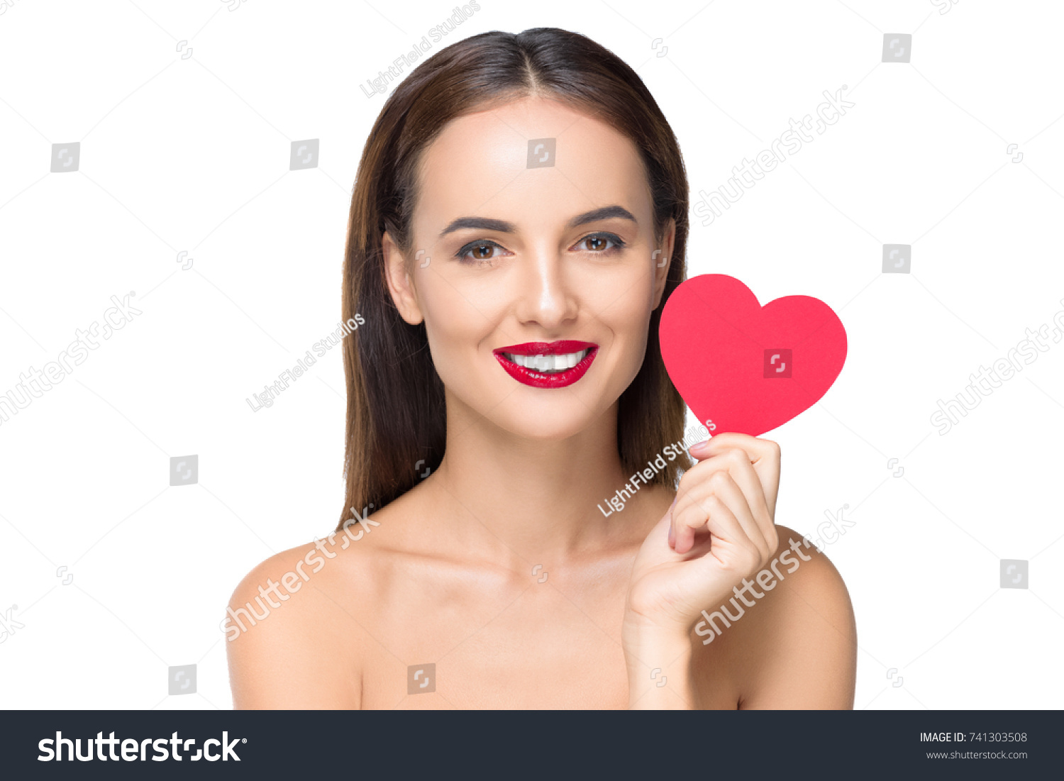 Cheerful Naked Woman Holding Red Heart Stock Photo Edit Now