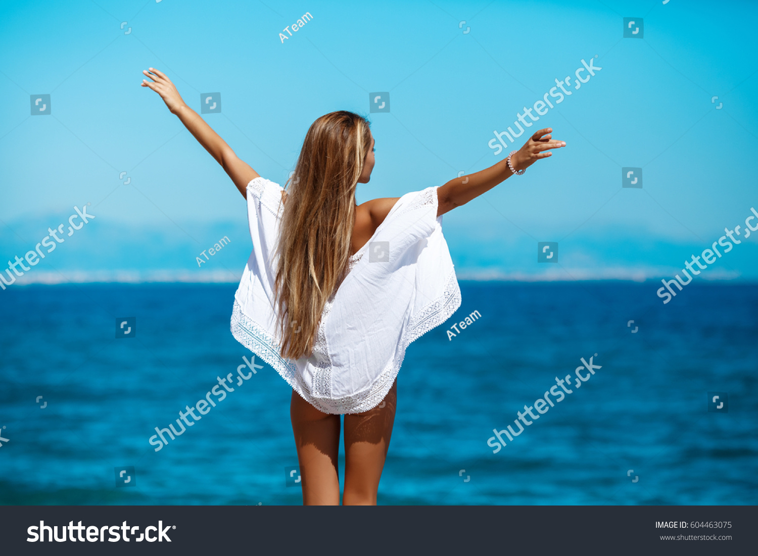 Cheerful Tanned Woman Bikini Beach Enjoying Stock Photo 604463075 