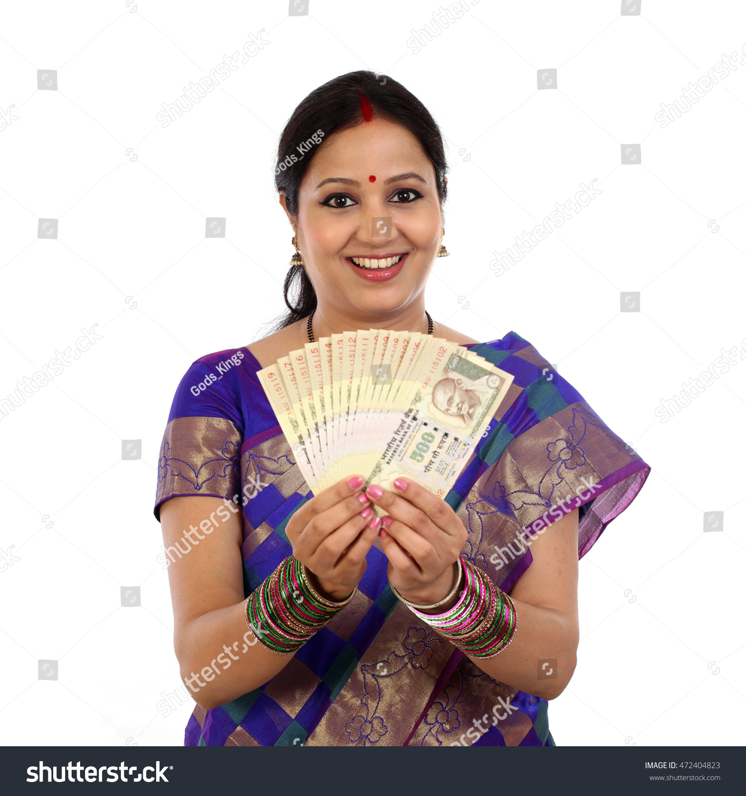 Cheerful Traditional Woman Holding Indian Currency Stock Photo ...