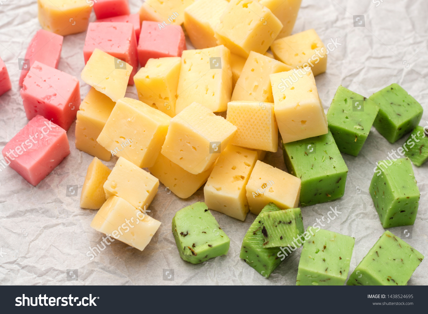 Download Cheese Cubes Green Yellow Red Color Stock Photo Edit Now 1438524695 Yellowimages Mockups