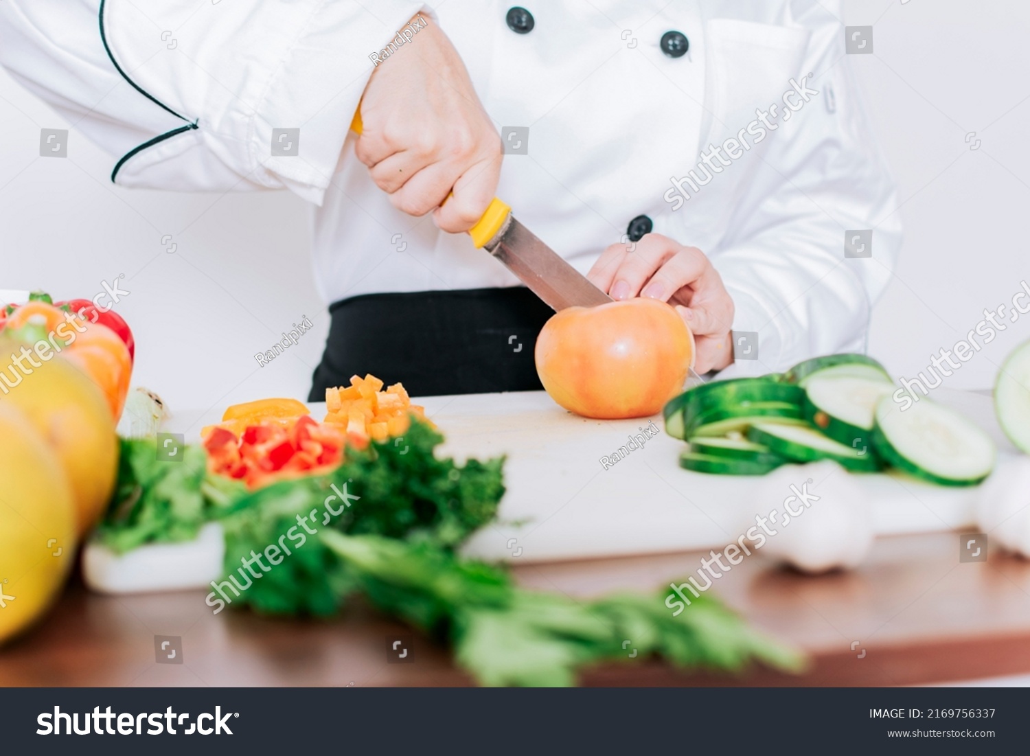 Chef Cutting Vegetables Knife Person Chef Stock Photo 2169756337 ...