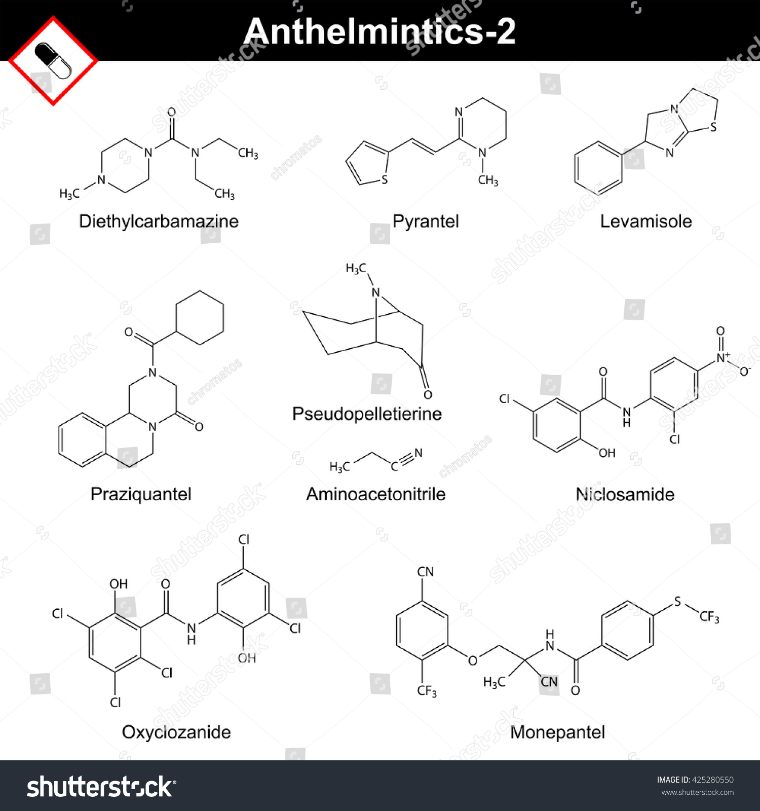 Chemical Formulas Anthelmintic Drugs Diethylcarbamazine Pyrantel Stock ...