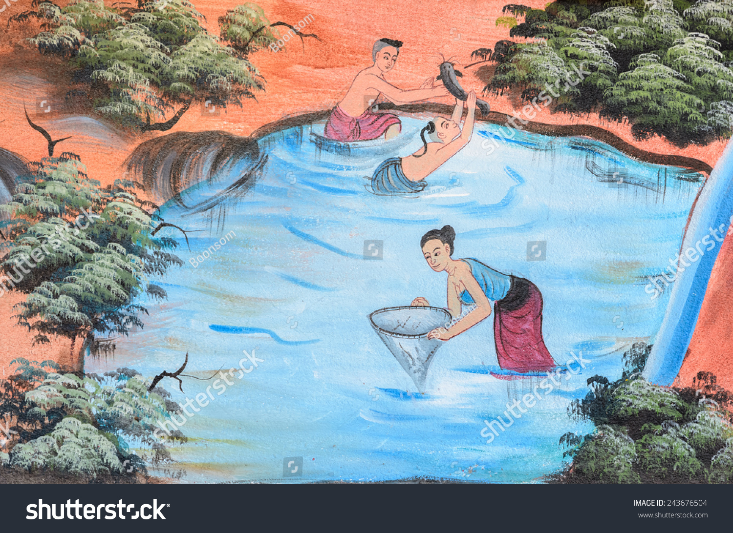 62 Fish Thai Mural Painting Images Stock Photos Vectors Shutterstock   Stock Photo Chiang Mai Thailand October Thai Mural Painting Of Traditional Fishing Method On Temple 243676504 