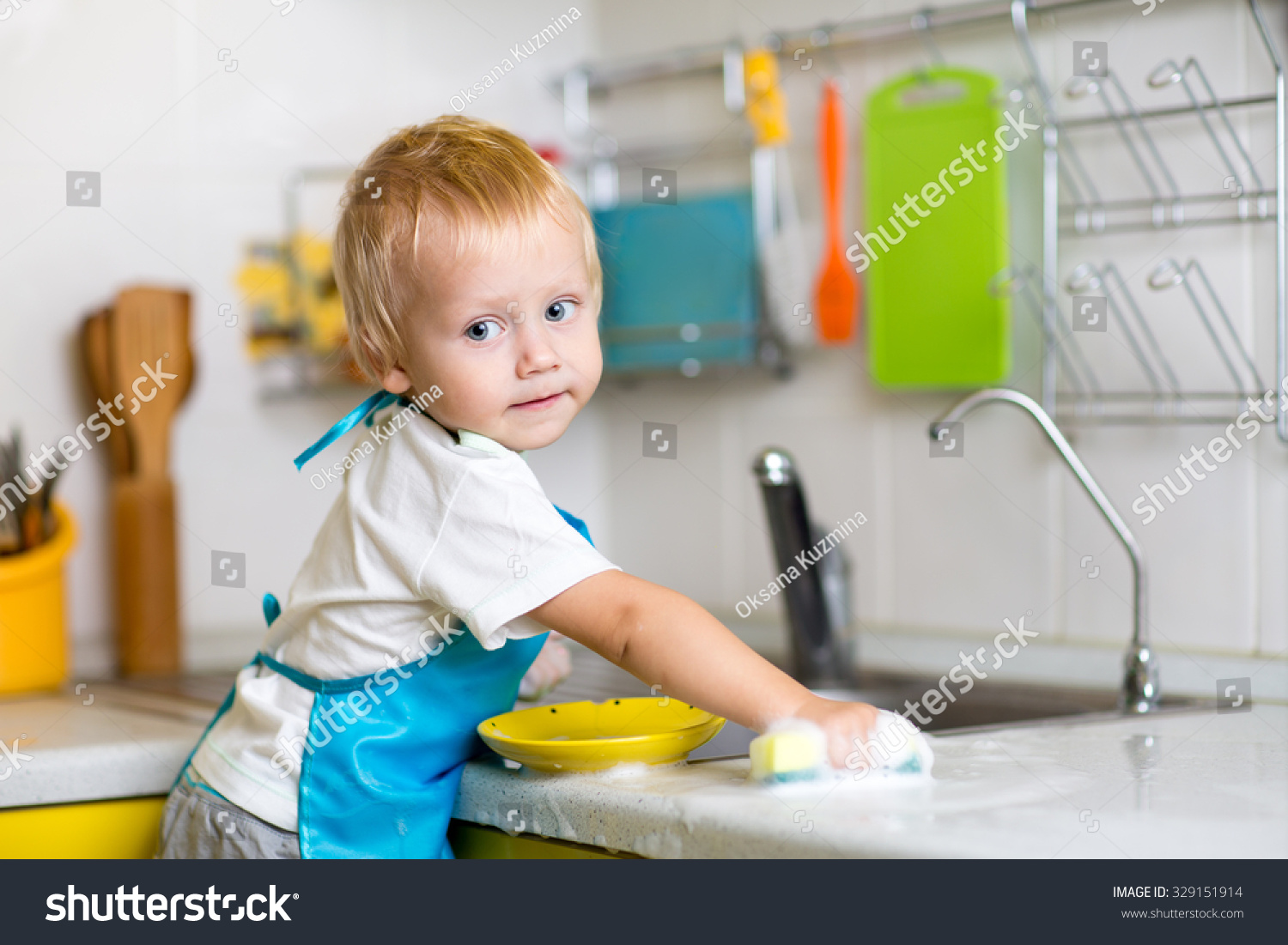 Child Boy Washing Dishes Domestic Kitchen Stock Photo 329151914 ...