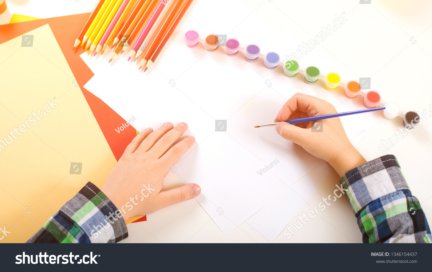 Child Drawing Color Paints Top View Stock Photo Edit Now 1346154437