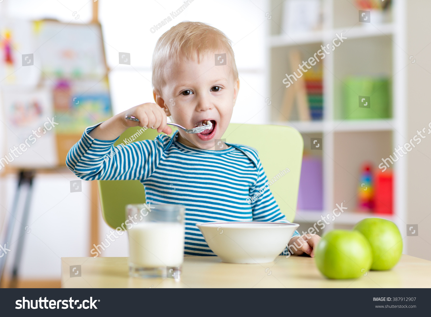 Child Eats Healthy Food Home Kindergarten Stock Photo (Edit Now) 387912907