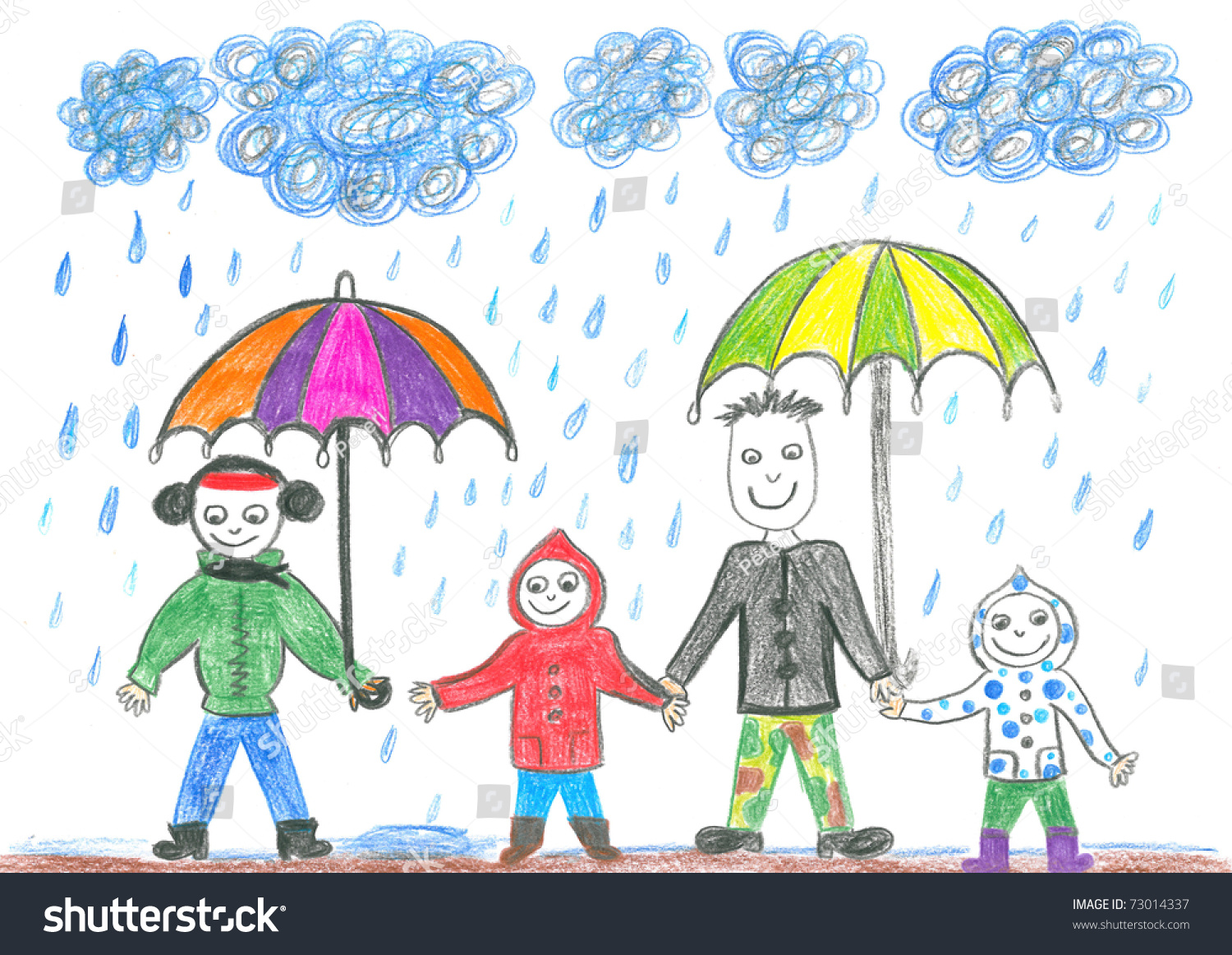 Childs Drawing Happy Family Umbrellas Mother Stock Illustration