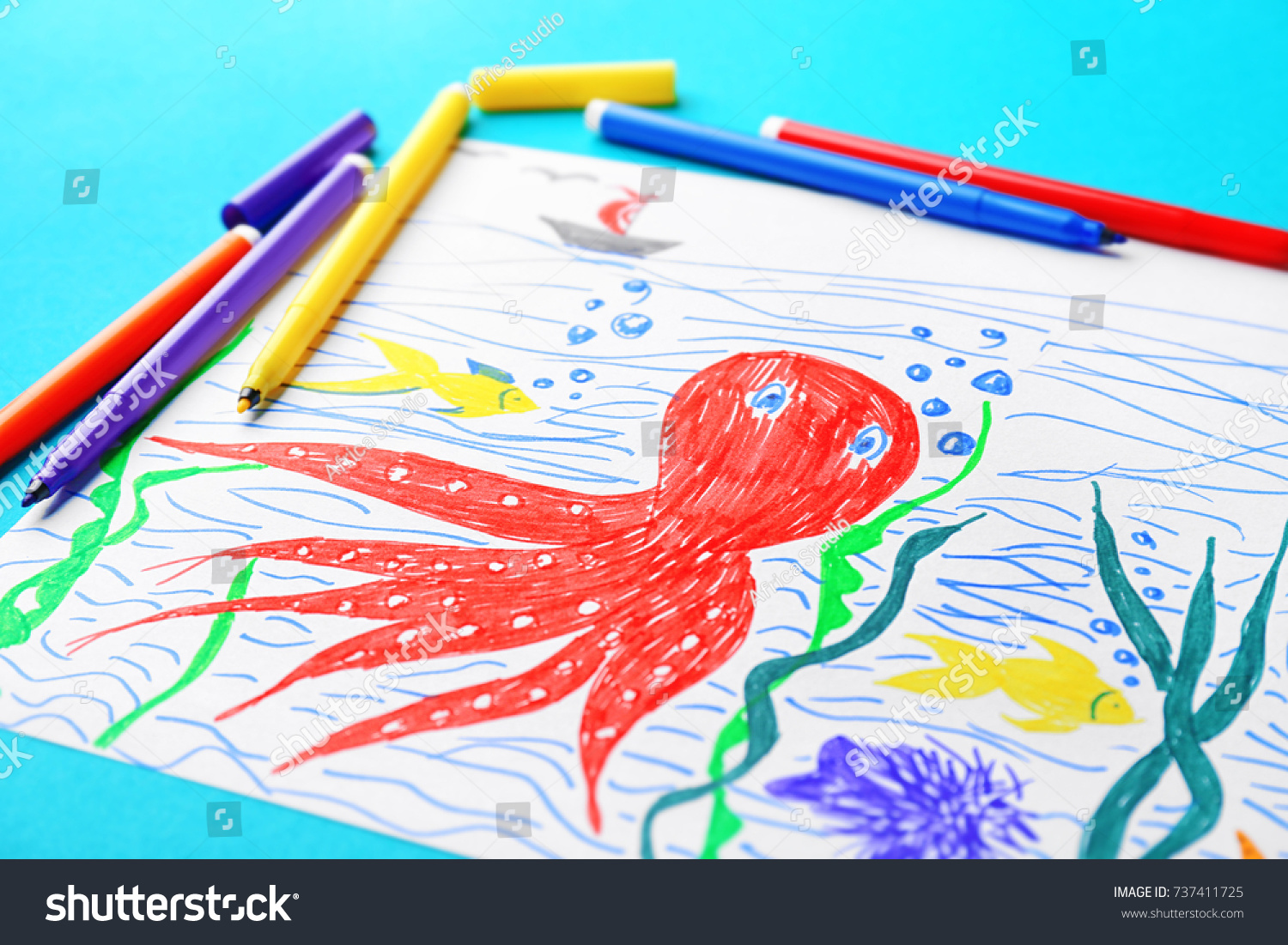 Childs Drawing Underwater World On Color Stock Photo Edit Now