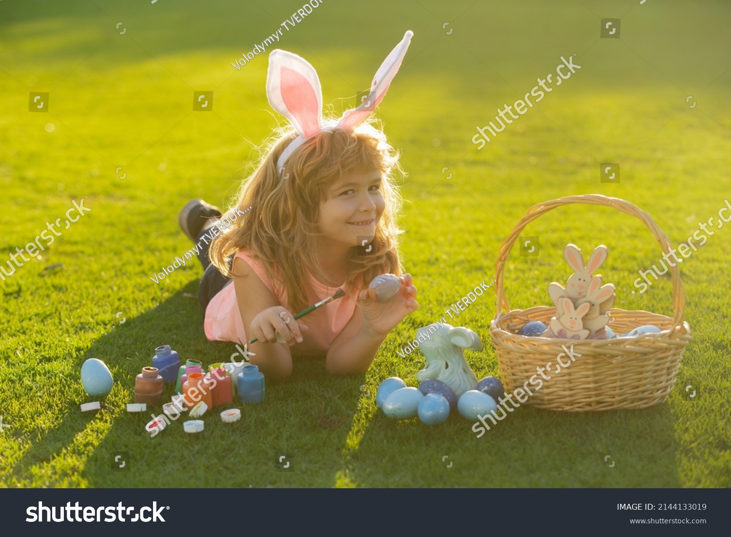 Child Easter Eggs Bunny Ears Laying Stock Photo 2144133019 | Shutterstock