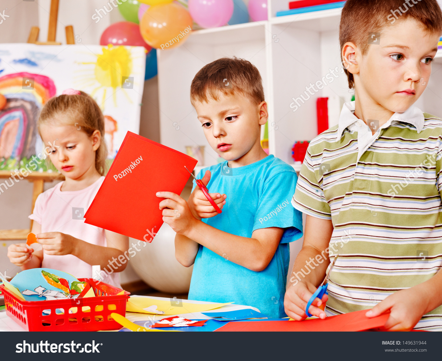 Children Cutting Out Scissors Paper In Preschool. Stock Photo 149631944 ...