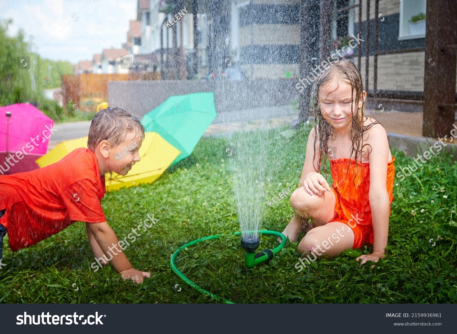 Children Playing Garden Sprinkler Brother Sister Stock Photo 2159936961 ...