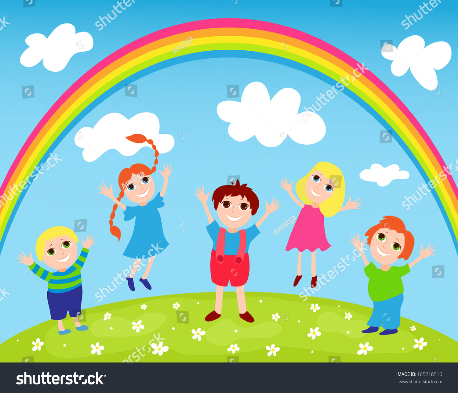 Children Rejoice Rainbow Cartoon Illustration Stock Illustration ...