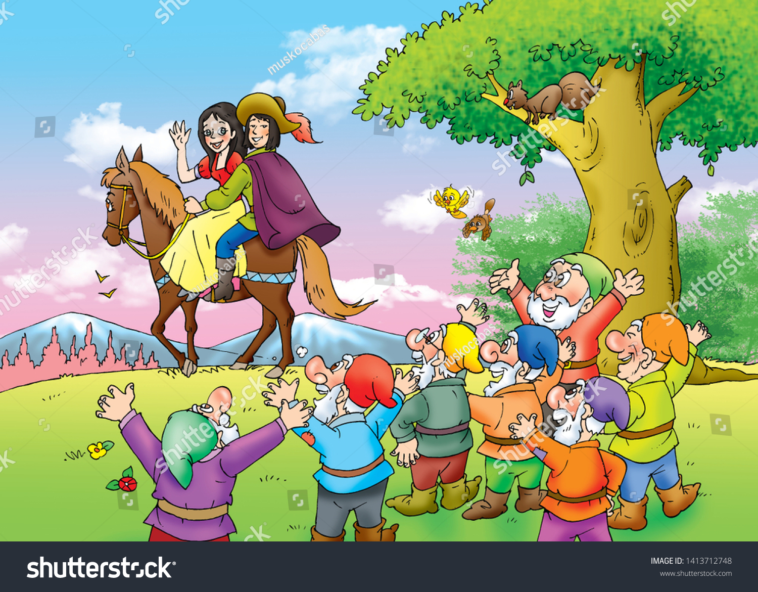 Childrens Fairy Tales Snow White Seven Stock Illustration