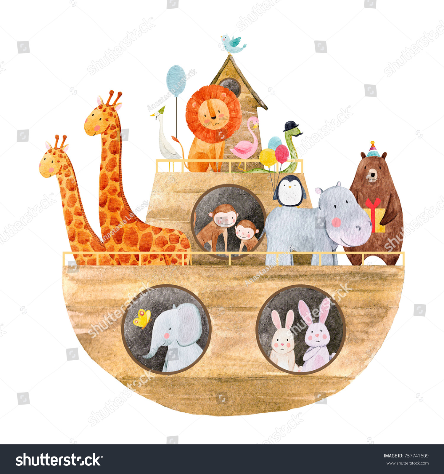 かわいいノアの箱舟と動物 ホリデーグリーティングカードの子ども用水彩イラスト バプティスマのイラスト 動物との船 のイラスト素材