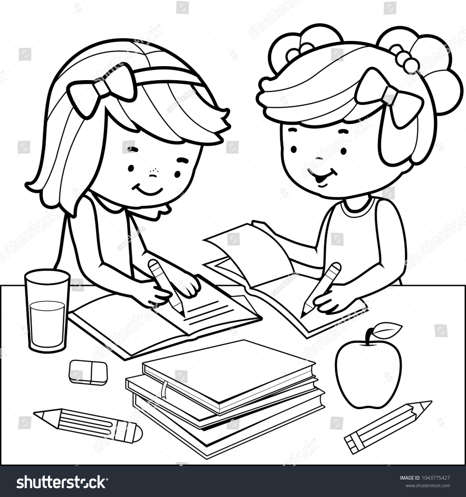 Children Students Doing Their Homework Black Stock Illustration