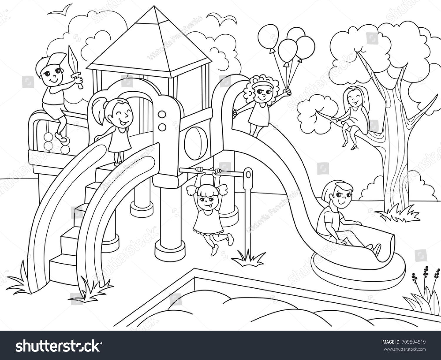 Childrens playground coloring Raster illustration of black and white Children sand slides