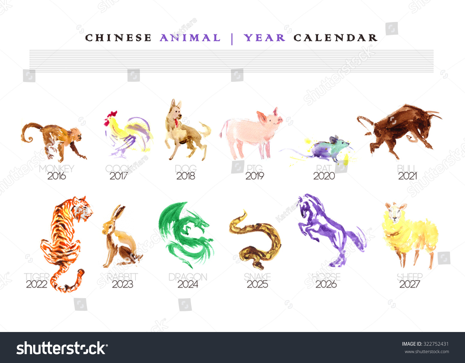 Chinese Year Calendar Template Hand Drawn ภาพประกอบสต็อก 322752431