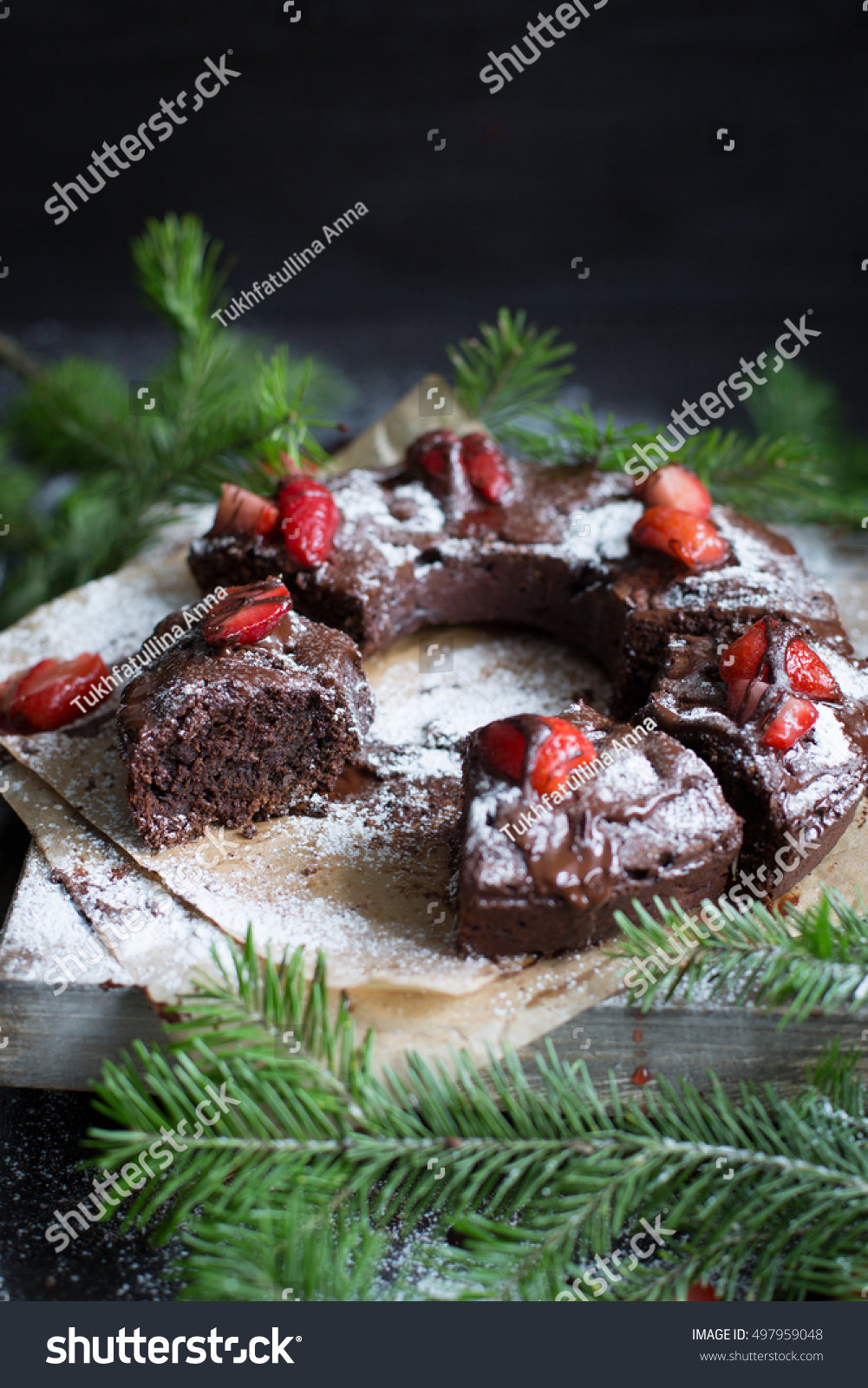 Chocolate Cake Decorated Strawberries Brownie Cake Stock Photo