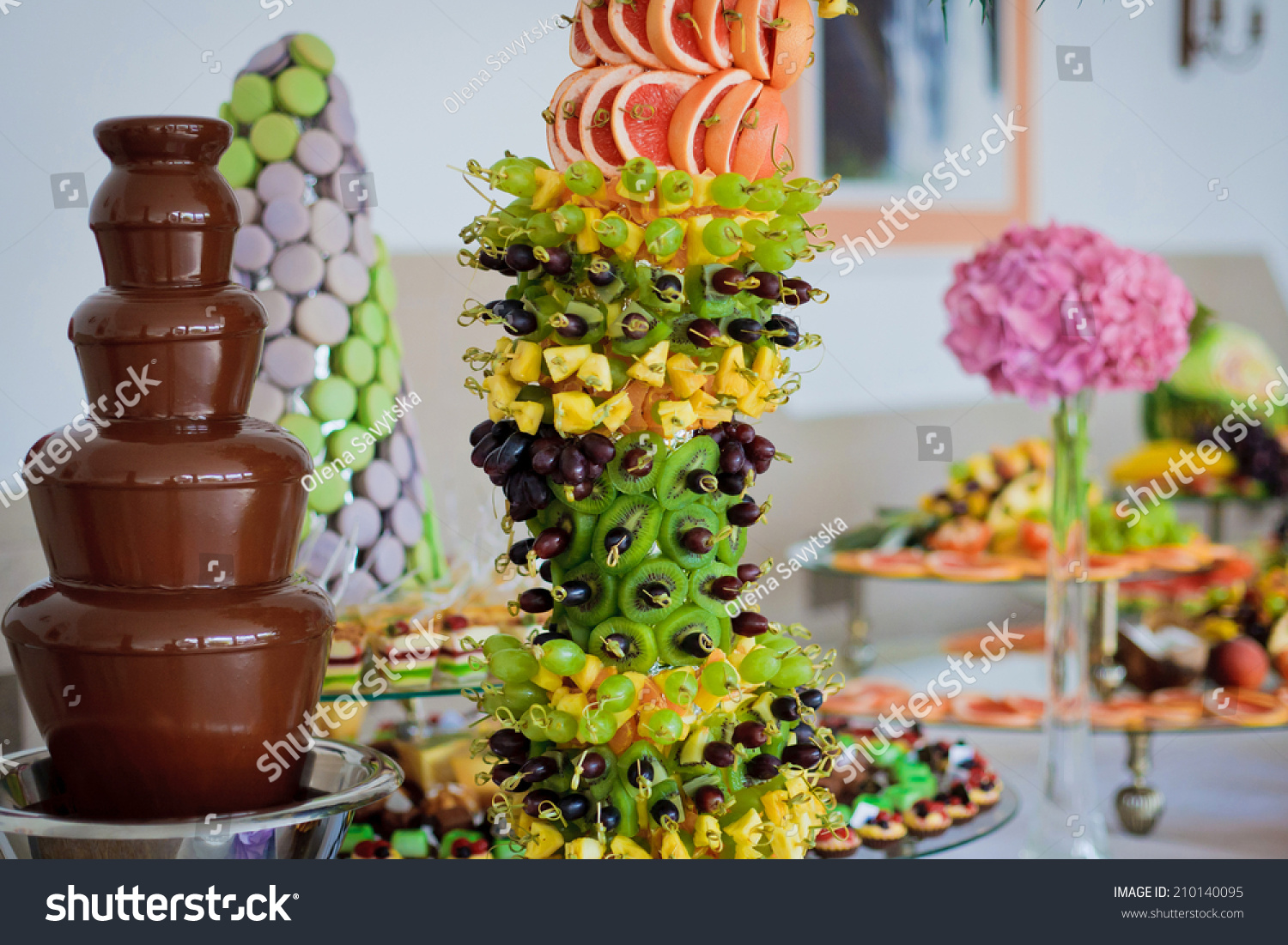 Chocolate Fountain Palmtree Fruits Wedding Reception Stock Photo