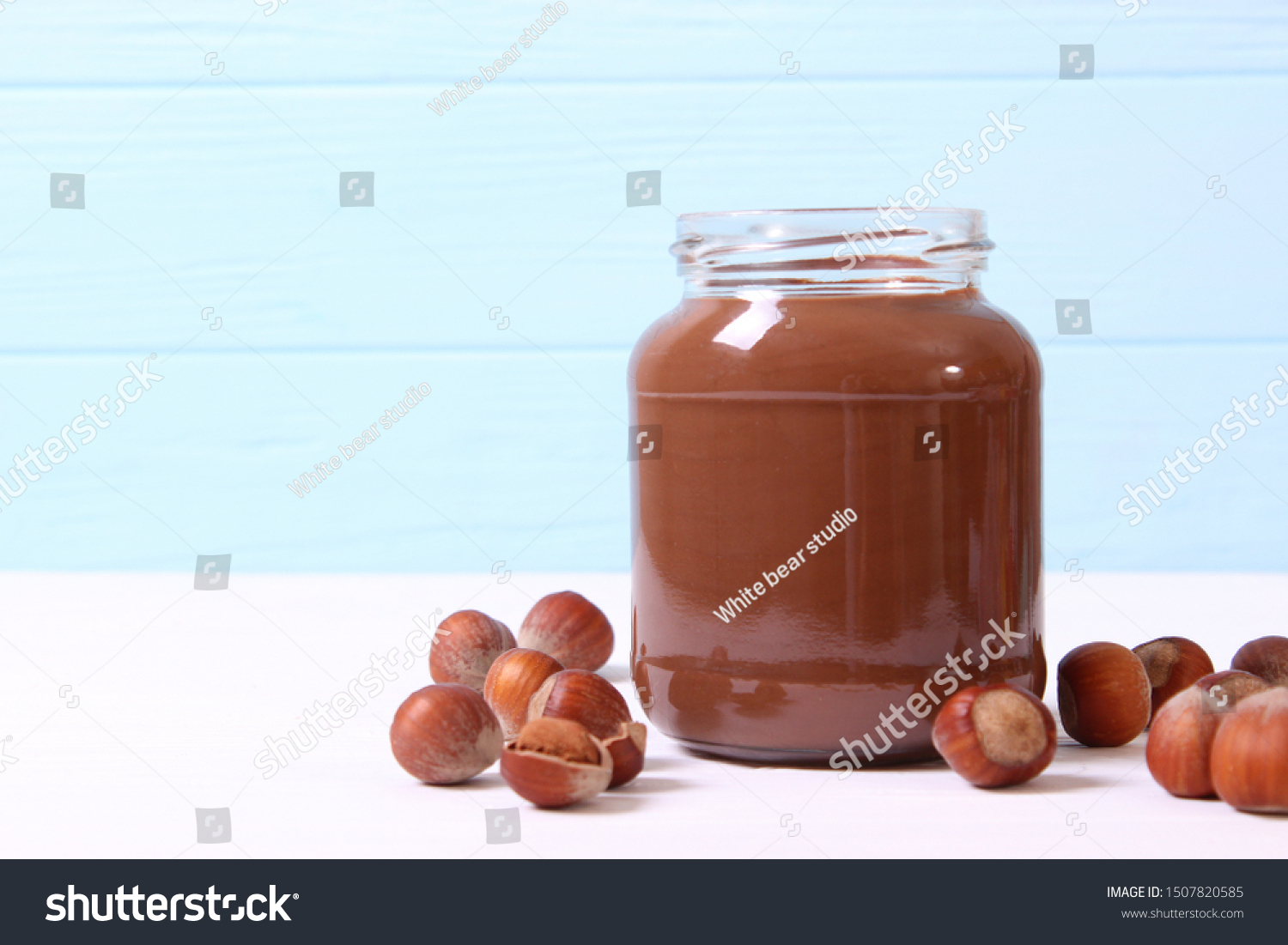 Download Chocolate Paste Glass Jar On Colored Stock Photo Edit Now 1507820585 PSD Mockup Templates