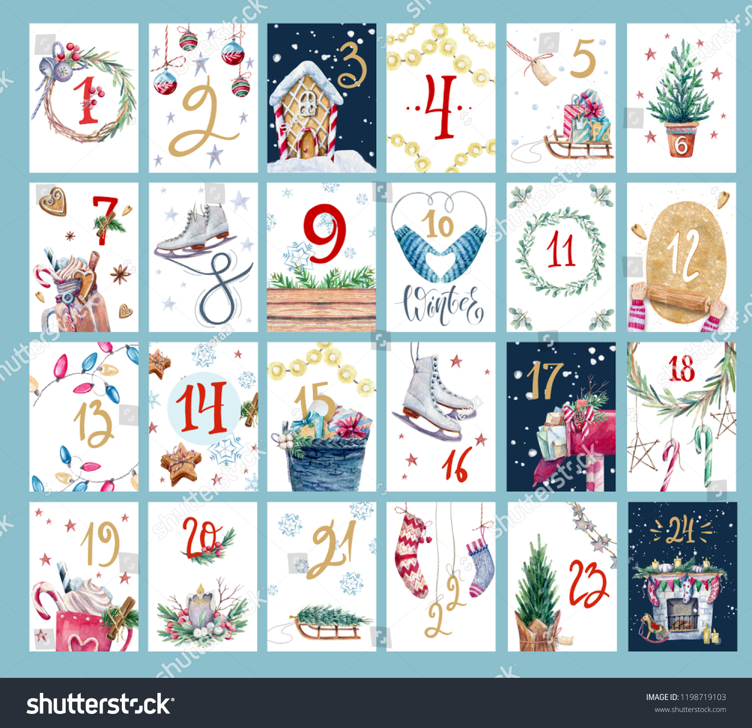 水彩イラストとクリスマスアドバントカレンダー かわいいクリスマスカードのセット のイラスト素材