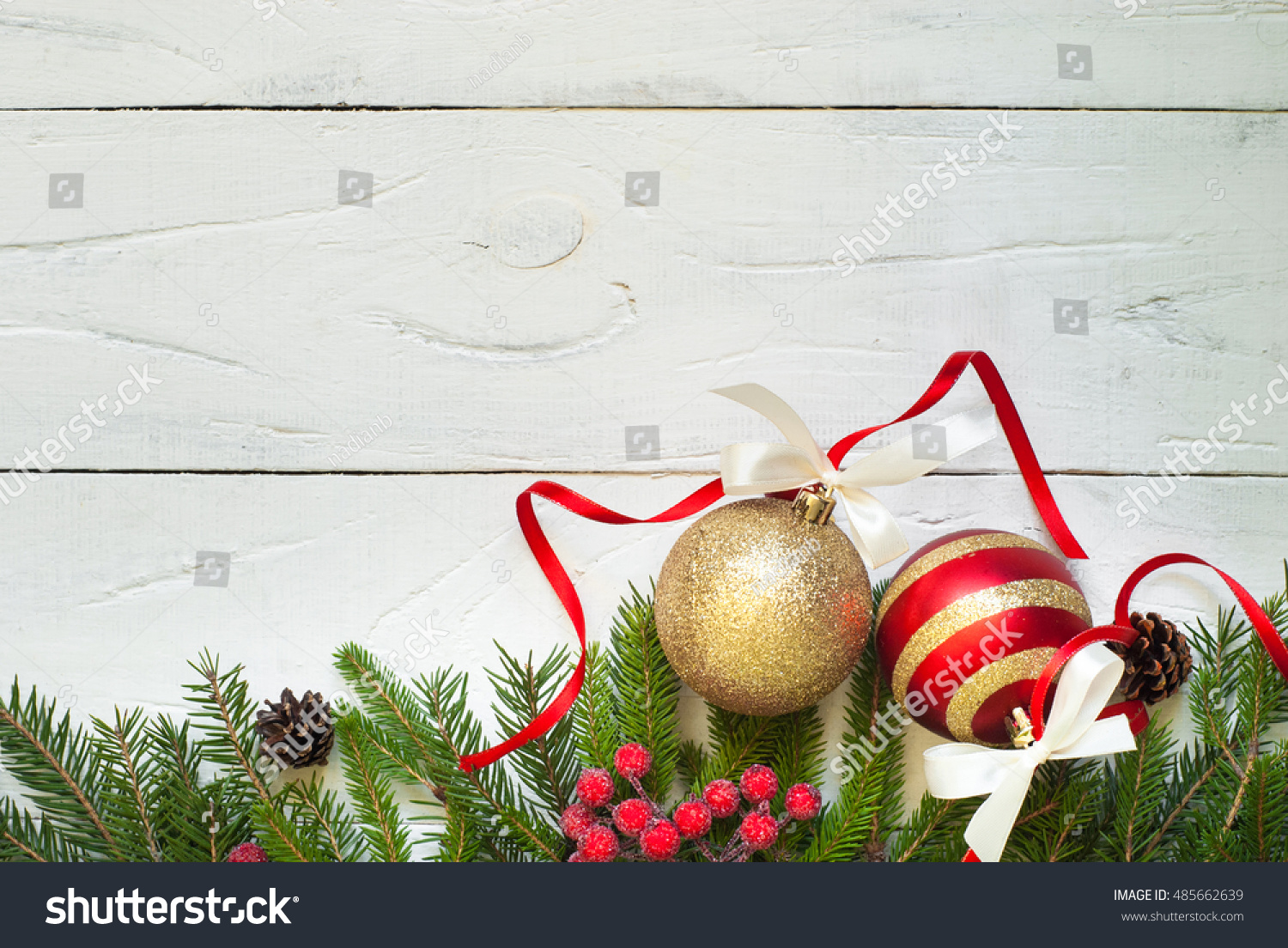 Christmas Background. Christmas Decorations On White Wooden Table. Top ...