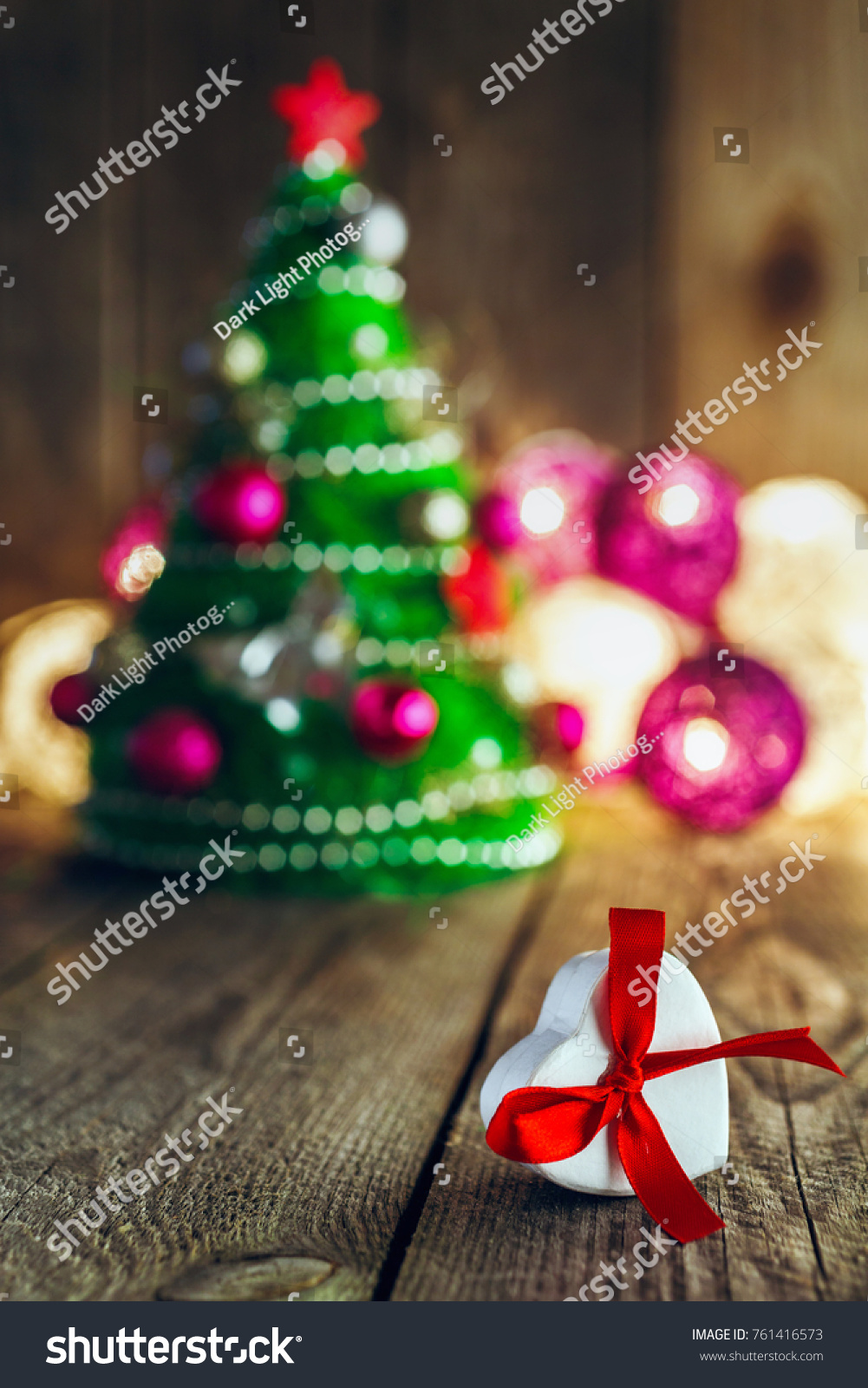 Christmas Background Decorations Heart Shaped Gift Stock Photo