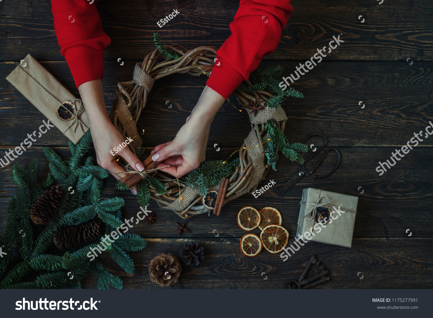 Christmas Background Decorations Garland Pine Cones Stock Photo