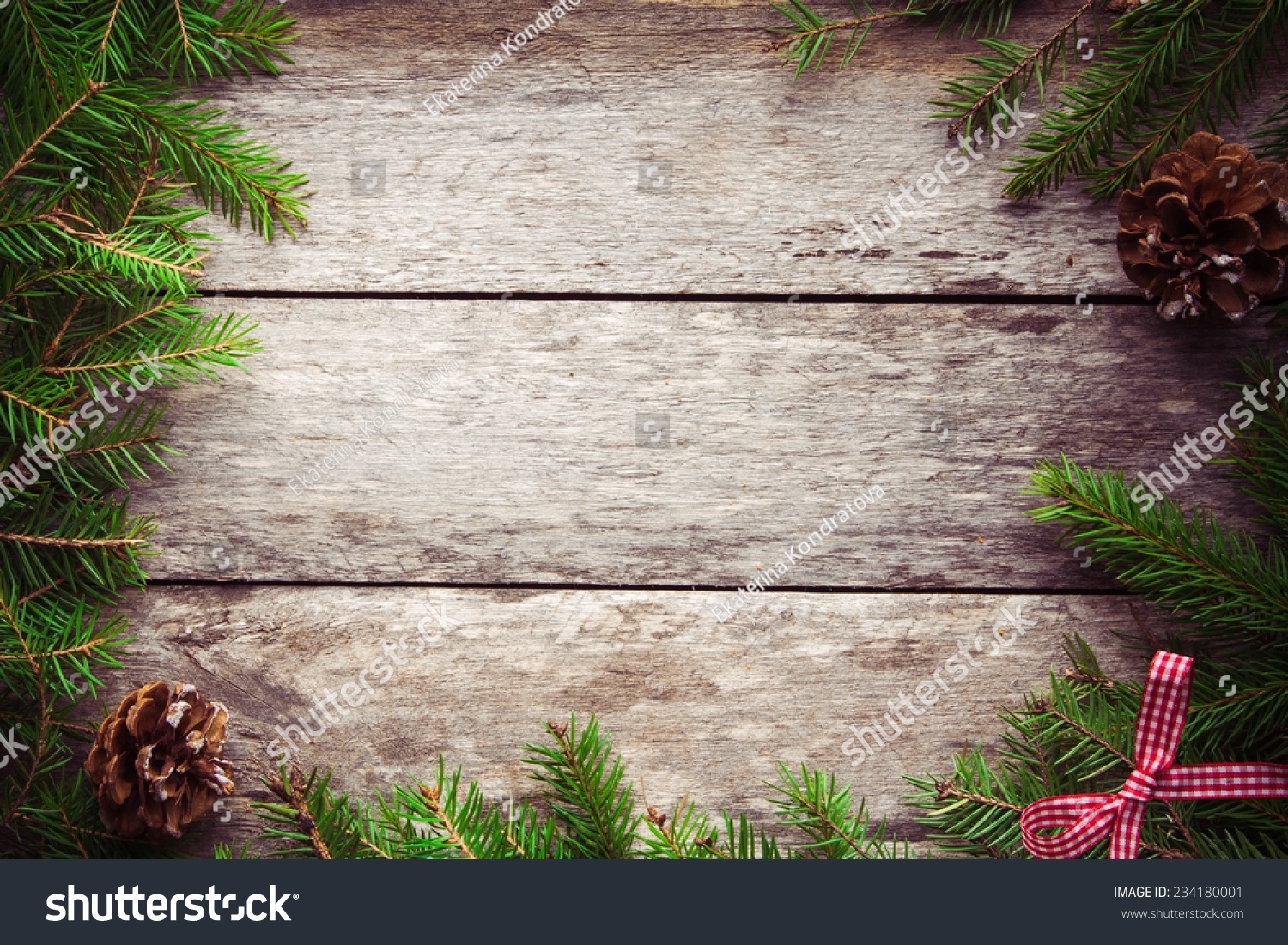 Christmas Background With Pine Tree, Rustic Wooden Planks Stock Photo ...