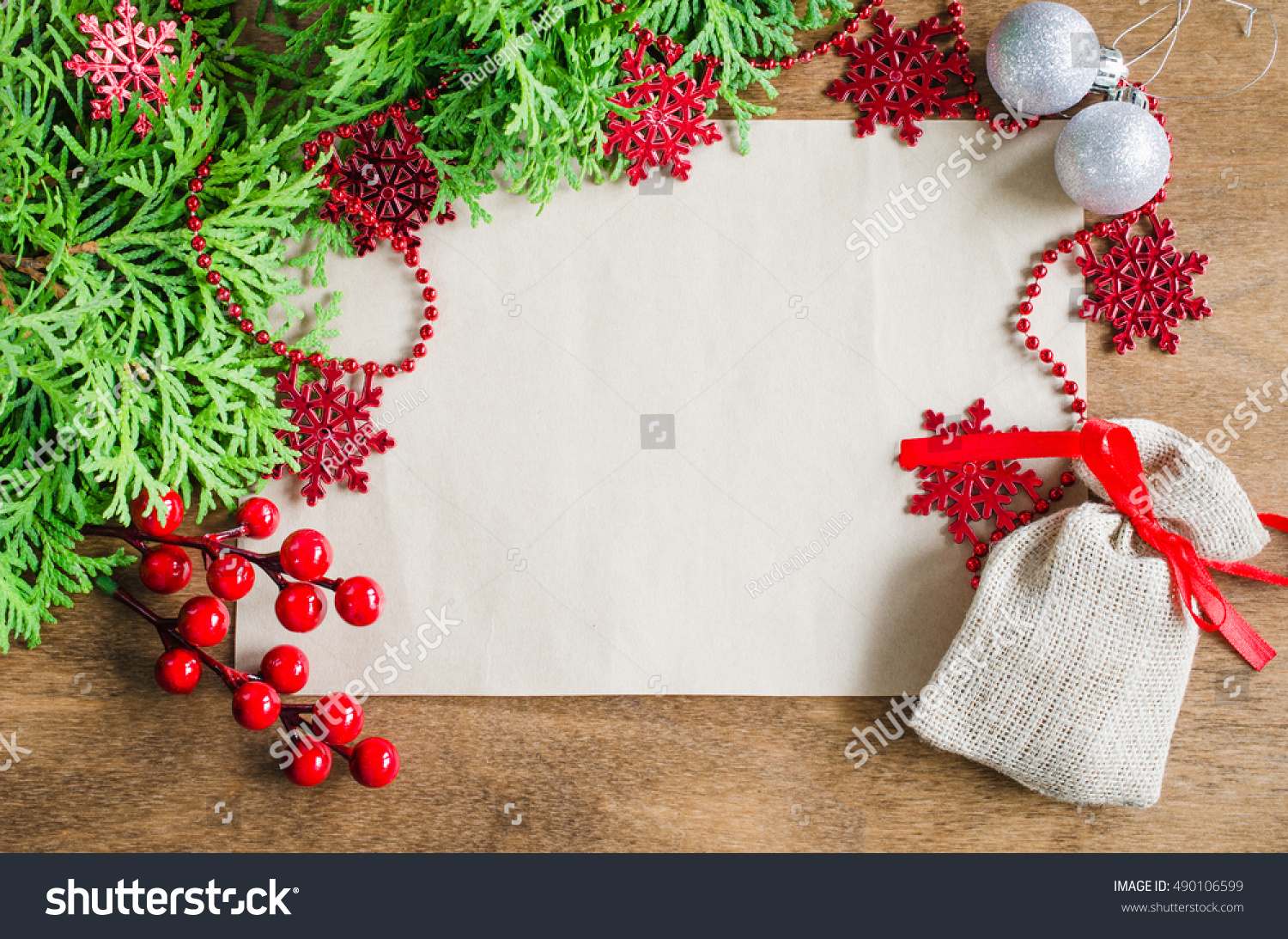 Christmas Background With Xmas Decoration, Blank Postcard On Wooden ...
